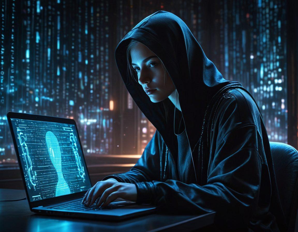 A cloak-wearing figure operates a laptop in a darkened room, surrounded by floating digital icons representing privacy, encryption, and anonymity. The background is filled with a blend of binary code and a serene night skyline, symbolizing the digital world and protection. An ethereal glow from the screen casts light on the figure's face, highlighting a look of focus and intelligence. super-realistic. dark tones with vibrant highlights. cyberpunk.