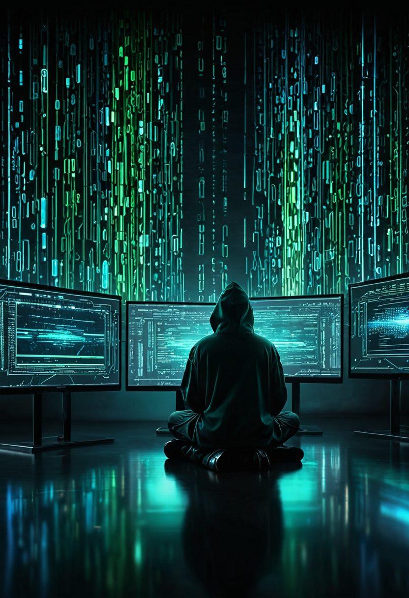 A serene digital landscape featuring a person with a hooded figure sitting in front of multiple screens displaying abstract data flows, surrounded by binary code and glowing padlocks symbolizing security. The background merges elements of cyberspace with a dark blue and green color palette, conveying mystery and anonymity. Focus on themes of digital safety and online privacy. cyberpunk. super-realistic. vibrant colors.